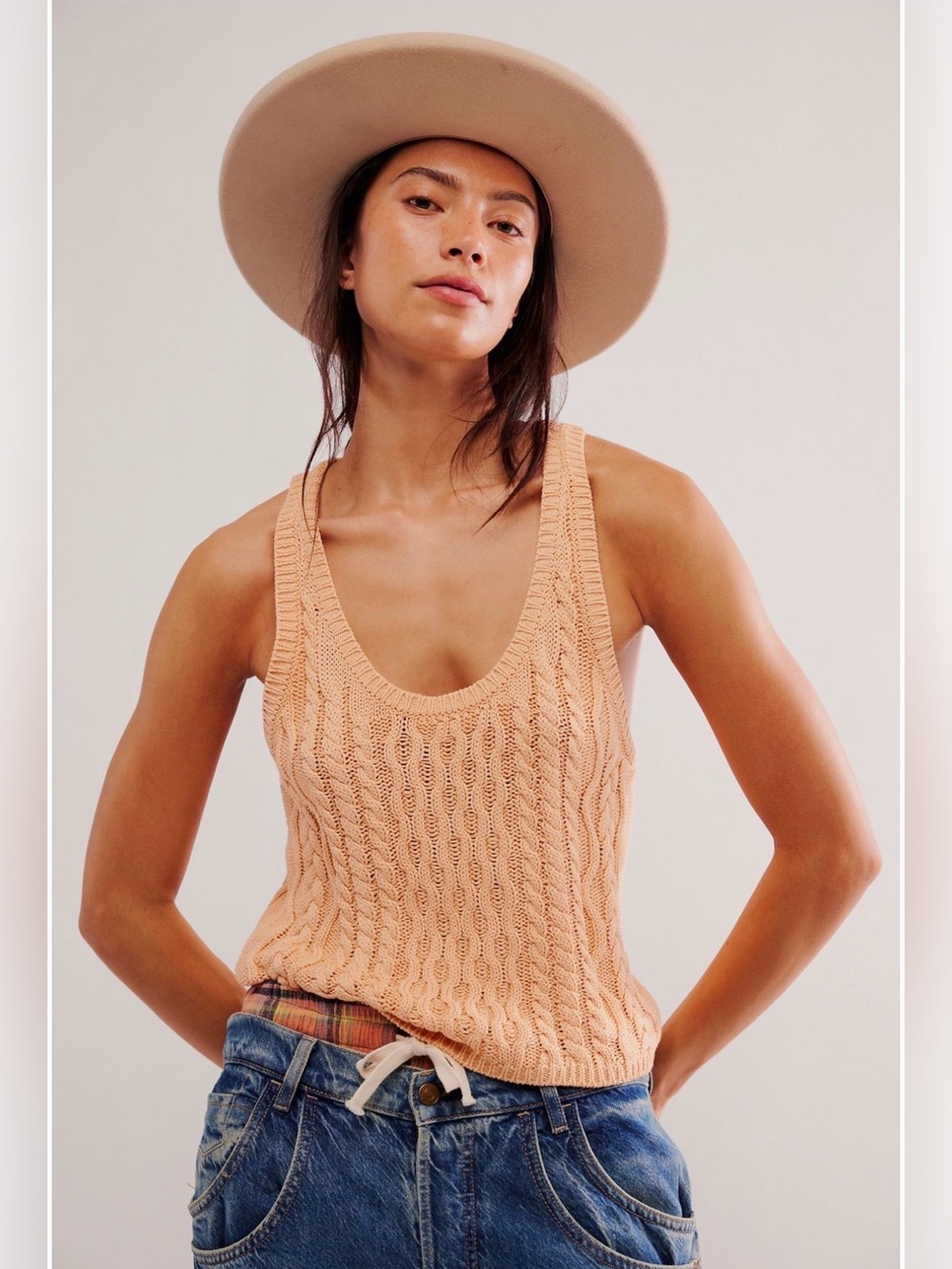 Free People High Tide Cable Tank in Tender Peach